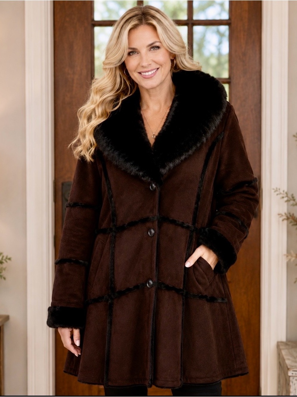 Coldwater Creek Black Faux Fur Trim Coat